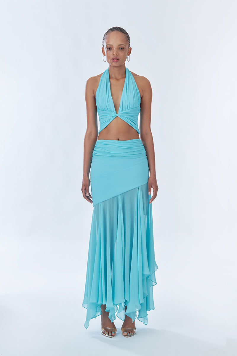 Fullmoon blue Betta draped halter mini top from Stolen Stores, featuring wrinkled chiffon silk fabric.