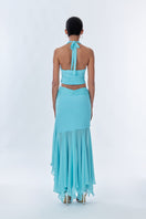 Fullmoon Blue Betta Draped Halter Mini Top by Stolen Stores, wrinkled chiffon silk fabric, stylish sleeveless design.