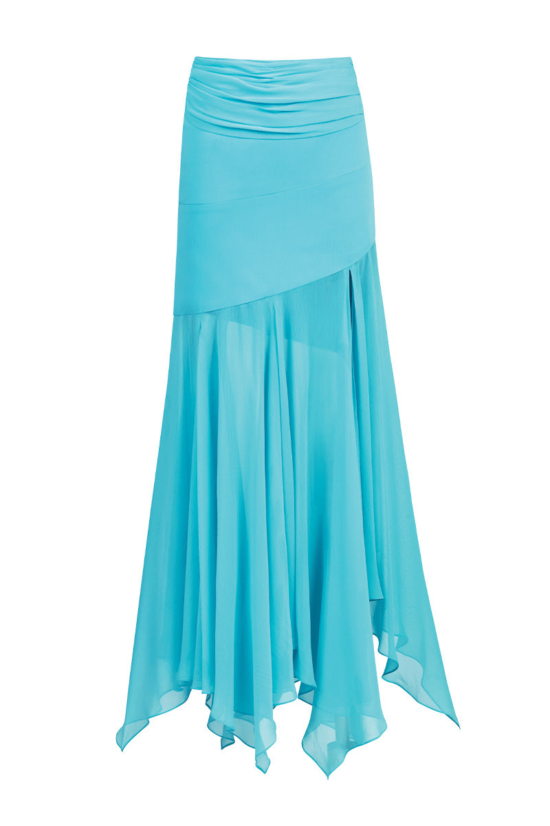 Back view of Stolen Stores Betta Draped Maxi Skirt in Fullmoon Blue, flowing maxi skirt with draped design and vibrant blue color.