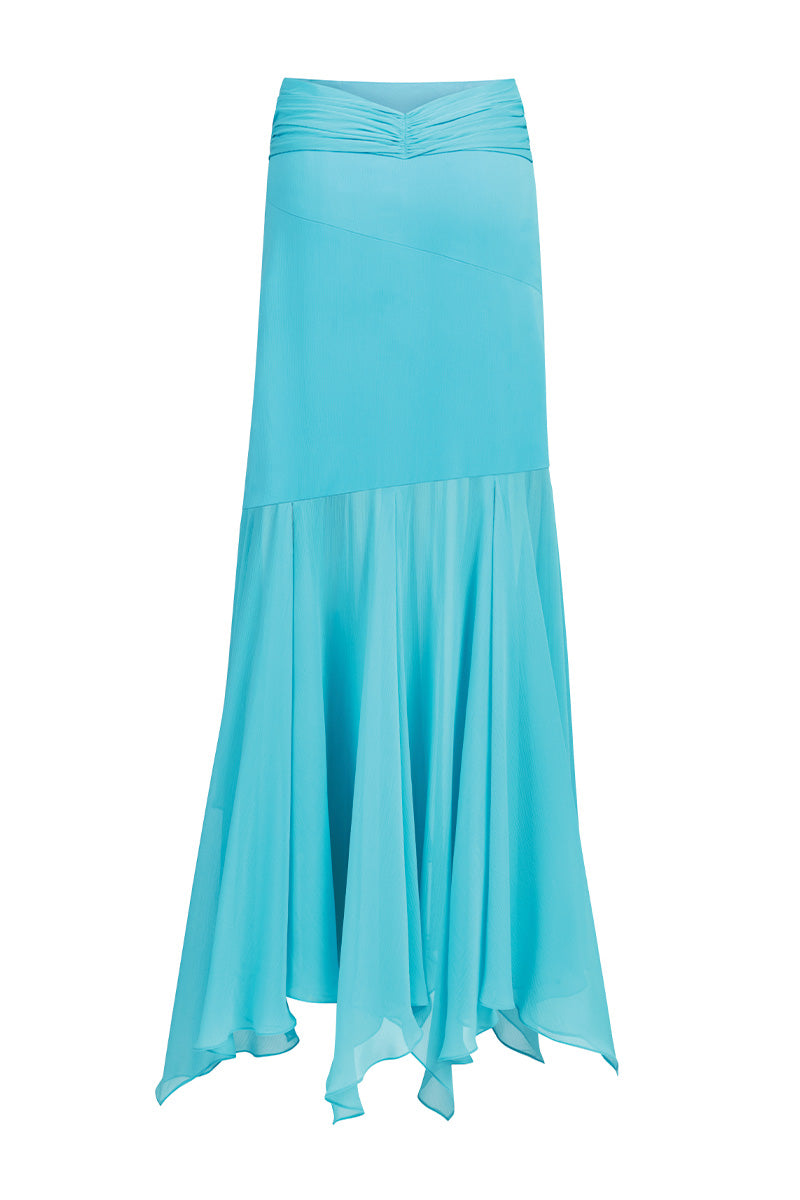 Stolen Stores Betta Draped Maxi Skirt in Fullmoon Blue, front view showcasing flowing fabric and elegant drape design.