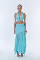 Fullmoon Blue Betta Draped Maxi Skirt in wrinkled chiffon silk, featuring flowing, elegant fabric and a relaxed draped design.