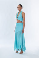 Fullmoon Blue Betta Draped Maxi Skirt in wrinkled chiffon silk by Stolen Stores, flowing and elegant for stylish wear.