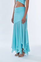 Stolen Stores Betta draped maxi skirt in fullmoon blue, wrinkled chiffon silk fabric, flowing and elegant for summer wear