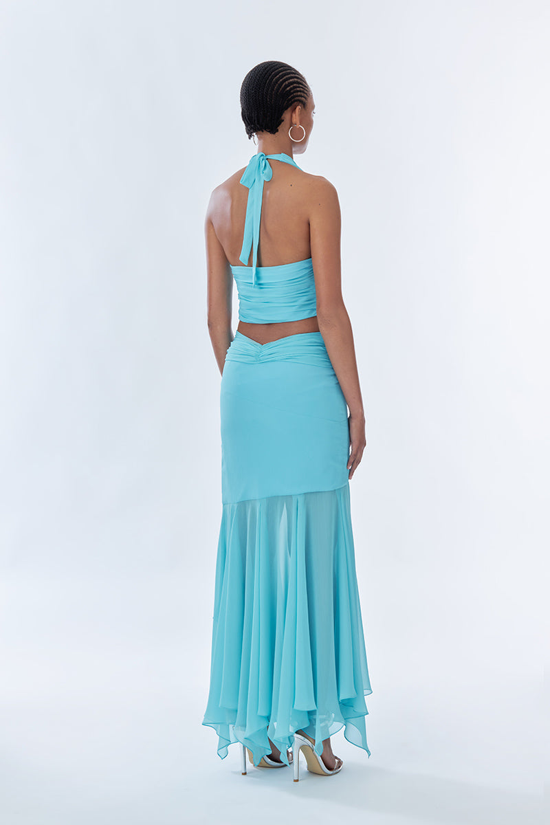 Fullmoon blue Betta draped maxi skirt by Stolen Stores featuring a flowing chiffon silk fabric and elegant drape design.