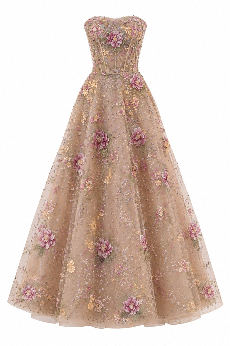 Beige BIJOU gown by Nihan Peker featuring elegant fabric and sophisticated design, perfect for formal occasions.