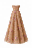 Nihan Peker Bijou Dress gown in beige with elegant design, showcasing a flowing fabric and sophisticated style.