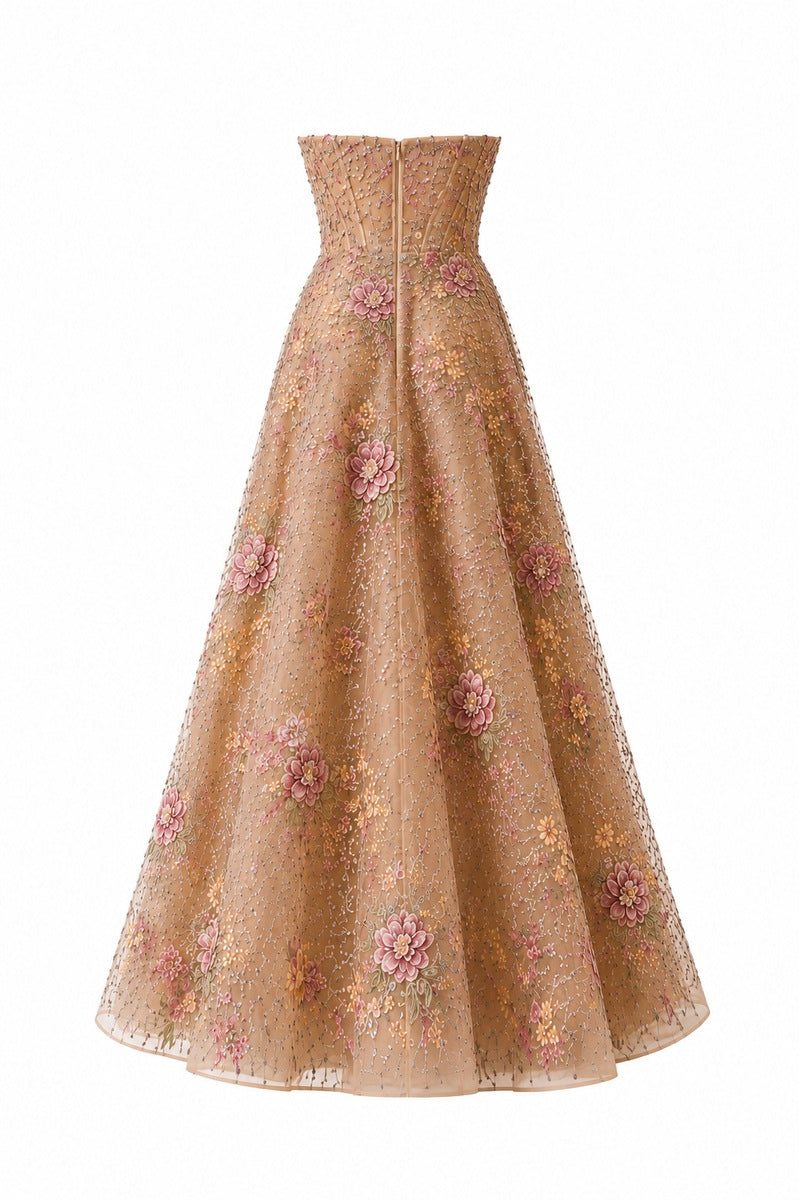 Nihan Peker Bijou Dress gown in beige with elegant design, showcasing a flowing fabric and sophisticated style.