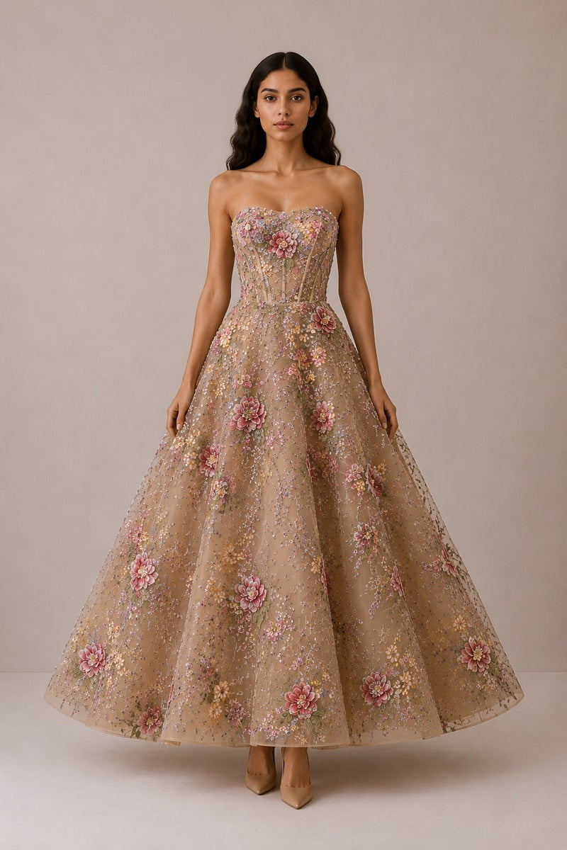 Beige BIJOU dress by Nihan Peker, elegant gown featuring intricate details and flowing fabric, perfect for formal occasions.
