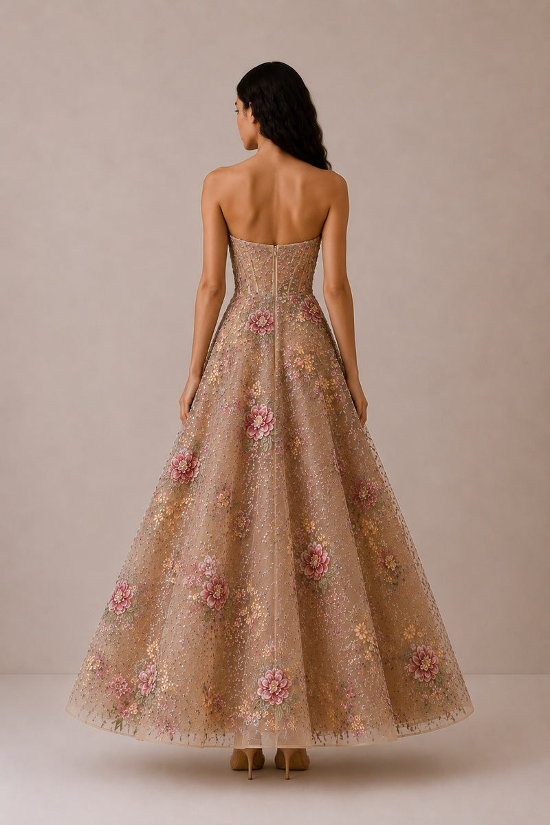 Beige BIJOU dress gown by Nihan Peker featuring elegant fabric and flowing design, displayed on a mannequin.