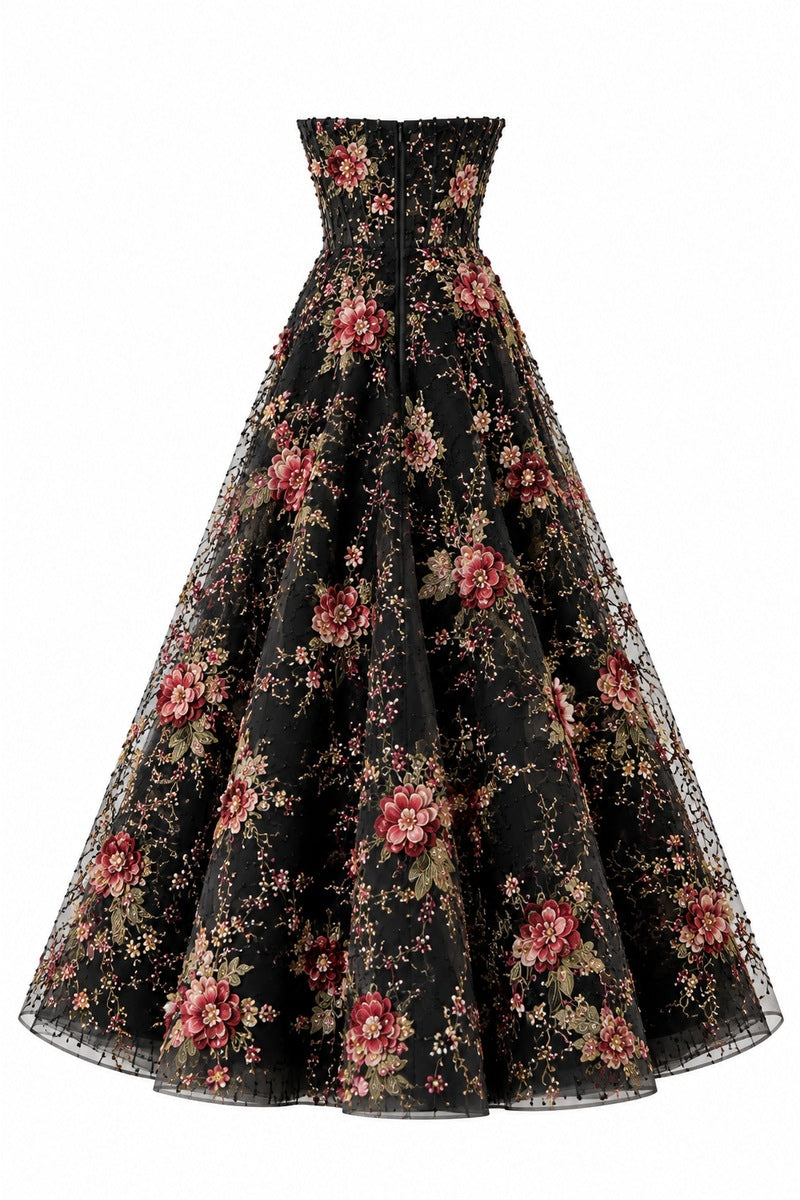 Elegant black Bijou gown by Nihan Peker featuring flowing fabric and intricate detailing, perfect for formal occasions.