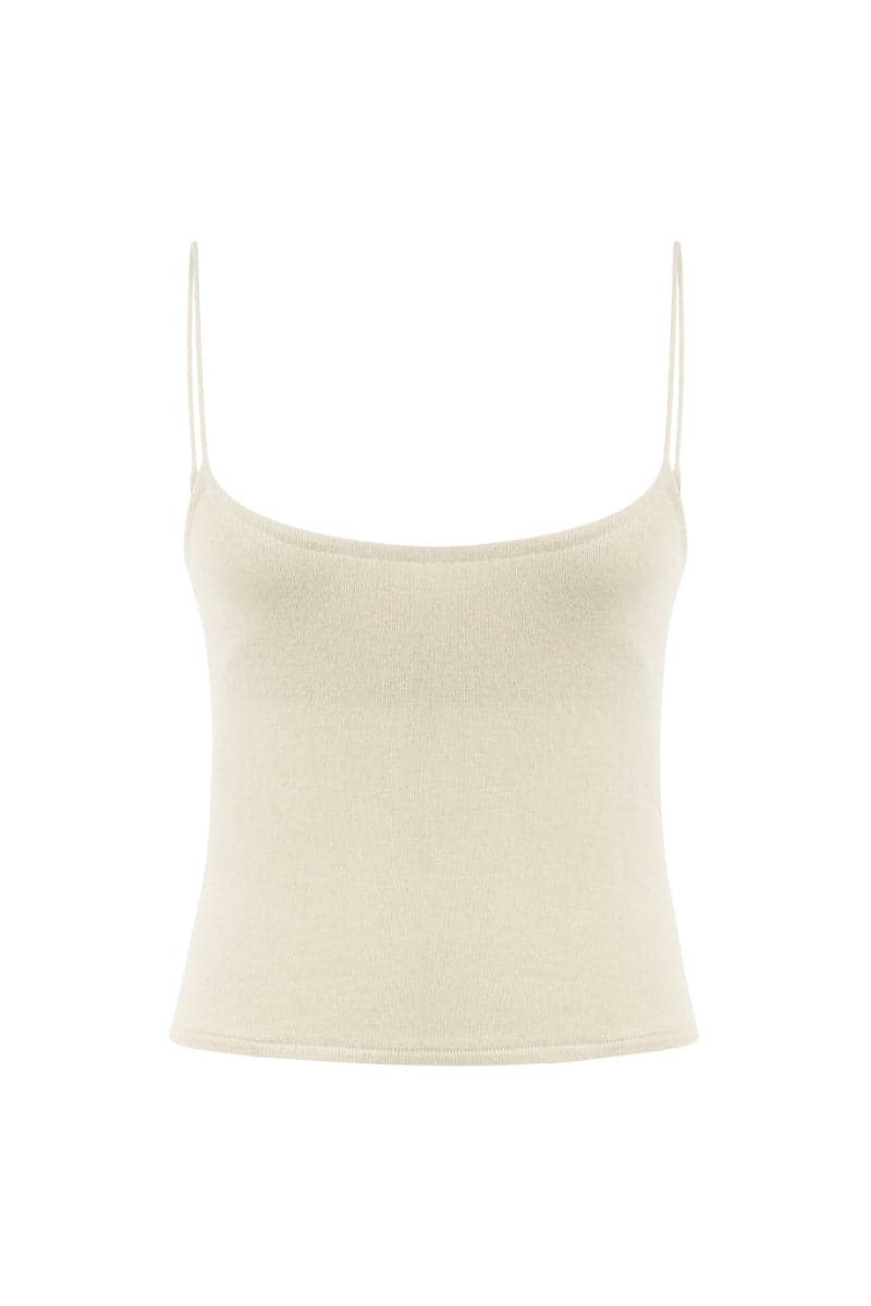 Ecru cashmere vest top by Labeca, lightweight and soft, shown on a model with a sleeveless design and ribbed texture.
