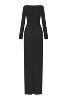 Elegant black Elise crepe gown by 21Six, featuring a flowing silhouette and sophisticated design for formal occasions.