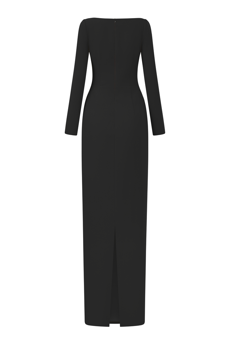 Elegant black Elise crepe gown by 21Six, featuring a flowing silhouette and sophisticated design for formal occasions.