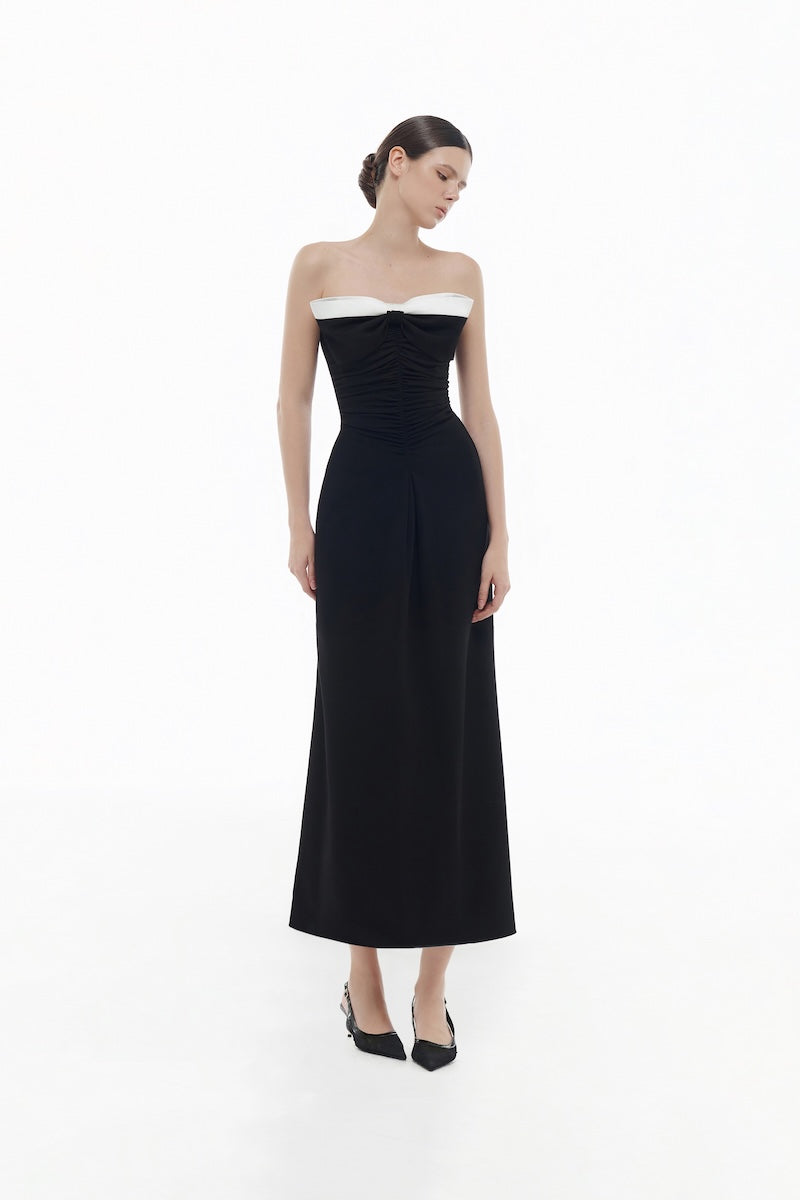 BLACK BOW RUCHED MIDI DRESS - CULT MIA