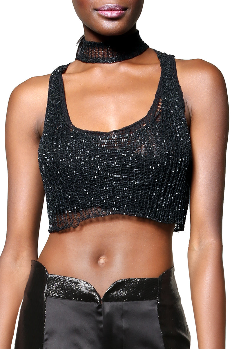 Black chain racerback top with bralette detail by Natalia Fedner, front view showing chain accents and fitted design.