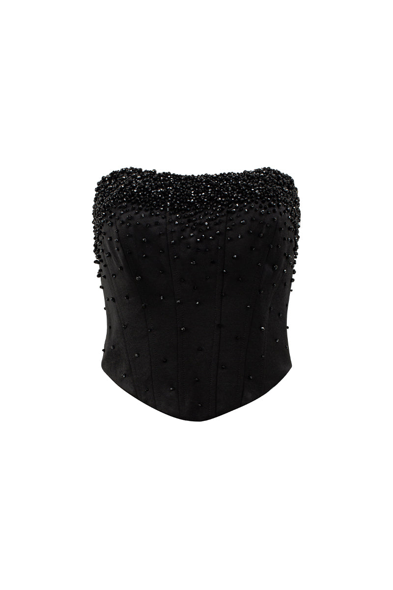 Black strapless corset top with crystal embellishments from I.H.F Studio, showcased on a plain background.