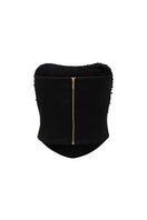 Black strapless corset top with crystal embellishments from I.H.F Studio, featuring a fitted design and decorative details.