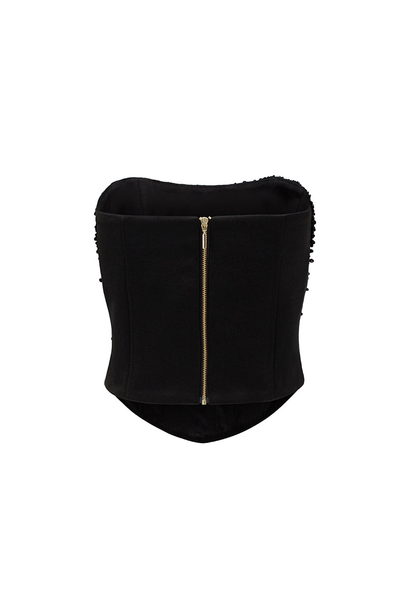 Black strapless corset top with crystal embellishments from I.H.F Studio, featuring a fitted design and decorative details.