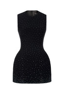Black crystal beaded mini dress by Montsand, featuring intricate beading and a stylish mini length perfect for evening wear.