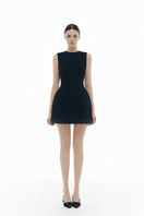Black crystal beaded mini dress from Montsand featuring intricate beadwork and a fitted silhouette.