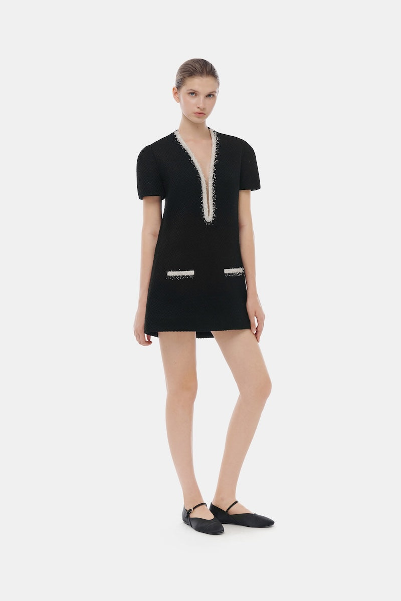 BLACK DEEP-V TWEED MINI DRESS