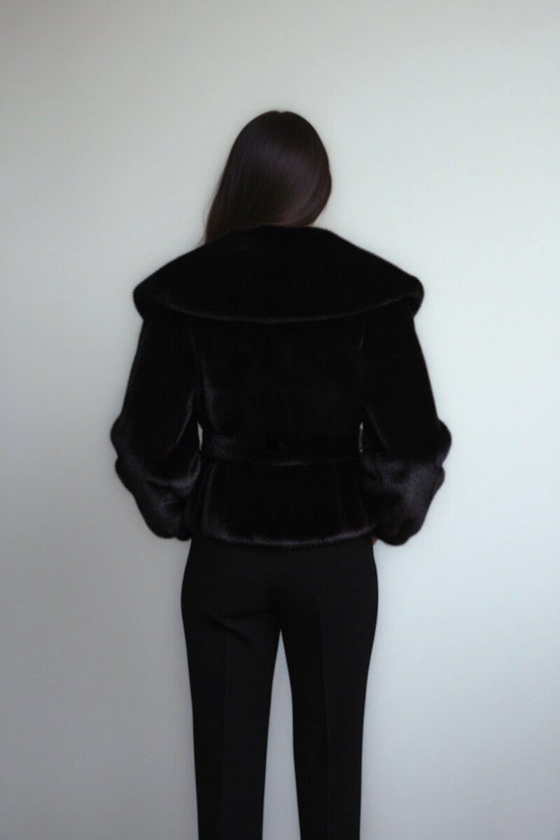 Black faux fur jacket by Fortini from the Old Money collection, featuring a plush texture and stylish design.