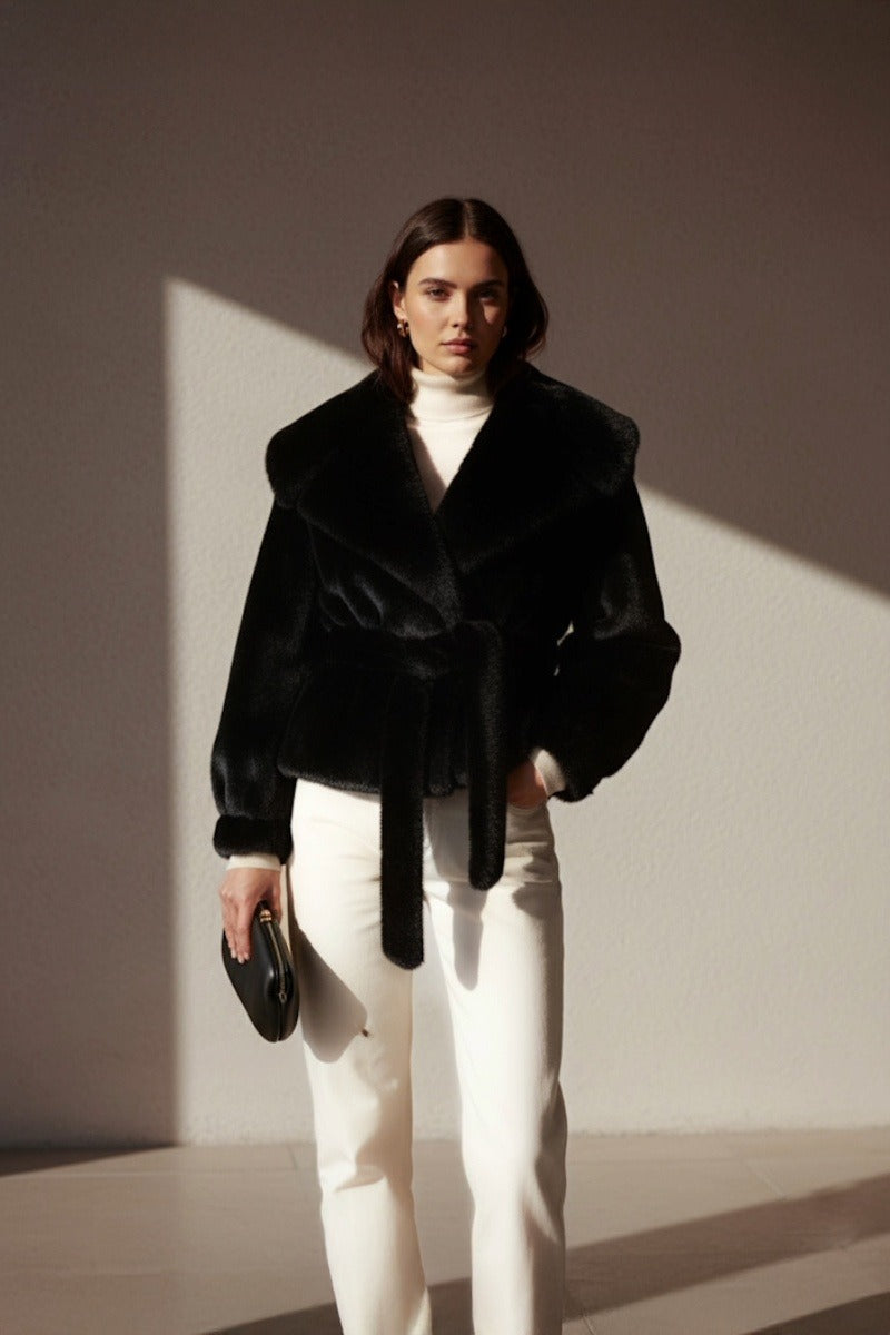 Black faux fur jacket from Fortini's Old Money collection, stylishly displayed, showcasing plush texture and classic design.