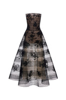Montsand CULT Mia X black floral appliqué gown featuring intricate floral details and a flowing maxi silhouette.