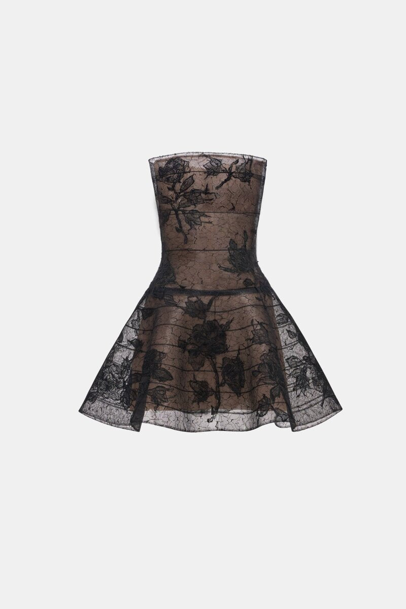 Black floral appliqué mini dress by Montsand featuring a fitted silhouette and delicate floral embroidery.