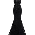 Black floral lace gown with halter neck, mermaid silhouette, maxi length, from I.H.F Studio, featuring waist cut-out detail.