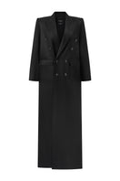 Black LANH MY A silk long coat by I.H.F Studio featuring an oversized straight-cut design and smooth silk fabric.
