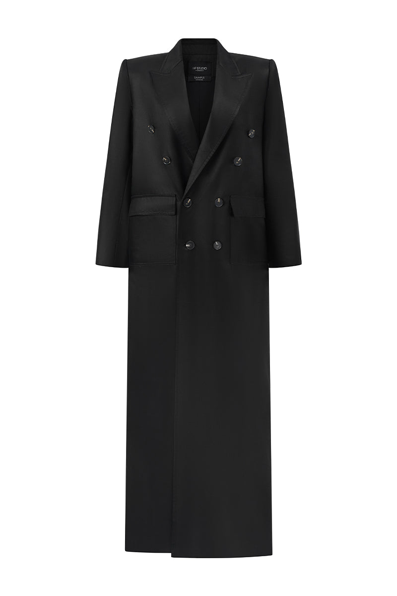 Black LANH MY A silk long coat by I.H.F Studio featuring an oversized straight-cut design and smooth silk fabric.