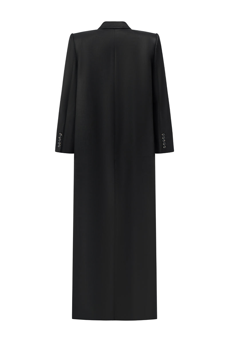 Black LANH MY A silk long coat by I.H.F Studio, featuring an oversized, straight-cut design in smooth silk fabric.
