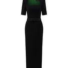 Black knee-length midi dress by I.H.F Studio featuring a trapezium neckline and a dark green crystal-embellished bow belt.