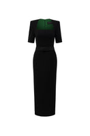 Black knee-length midi dress by I.H.F Studio featuring a trapezium neckline and a dark green crystal-embellished bow belt.