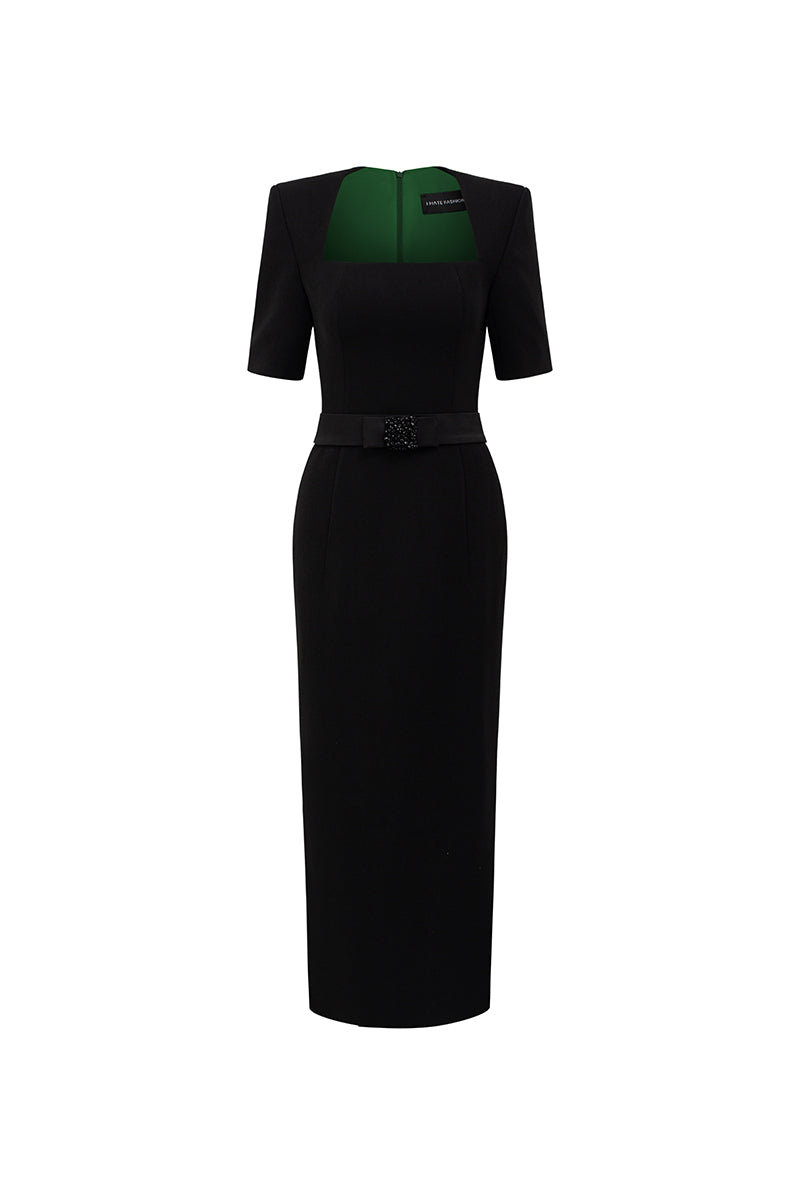 Black knee-length midi dress by I.H.F Studio featuring a trapezium neckline and a dark green crystal-embellished bow belt.