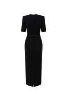 Black knee-length midi dress by I.H.F Studio with a trapezium neckline and dark green crystal-embellished bow belt.