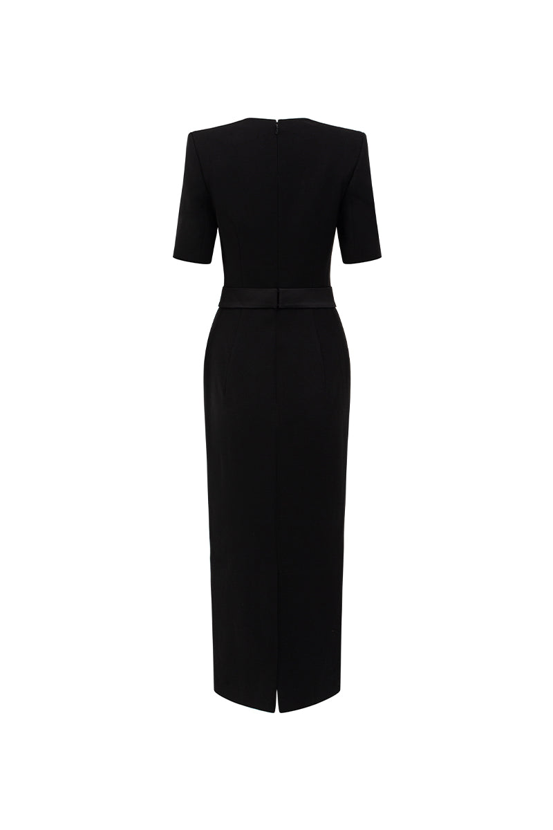 Black knee-length midi dress by I.H.F Studio with a trapezium neckline and dark green crystal-embellished bow belt.