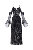 Black off-shoulder flowing maxi dress by Montsand, featuring a relaxed fit and elegant design for stylish summer wear.