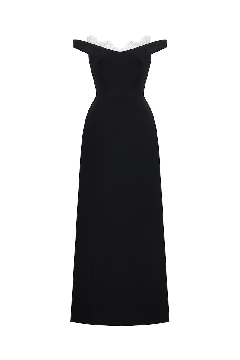 BLACK OFF SHOULDER LACE DETAIL MIDI DRESS - CULT MIA