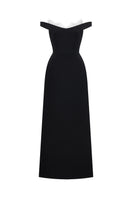 Black off-shoulder gown with lace details by Montsand, featuring a midi-length design perfect for elegant occasions.