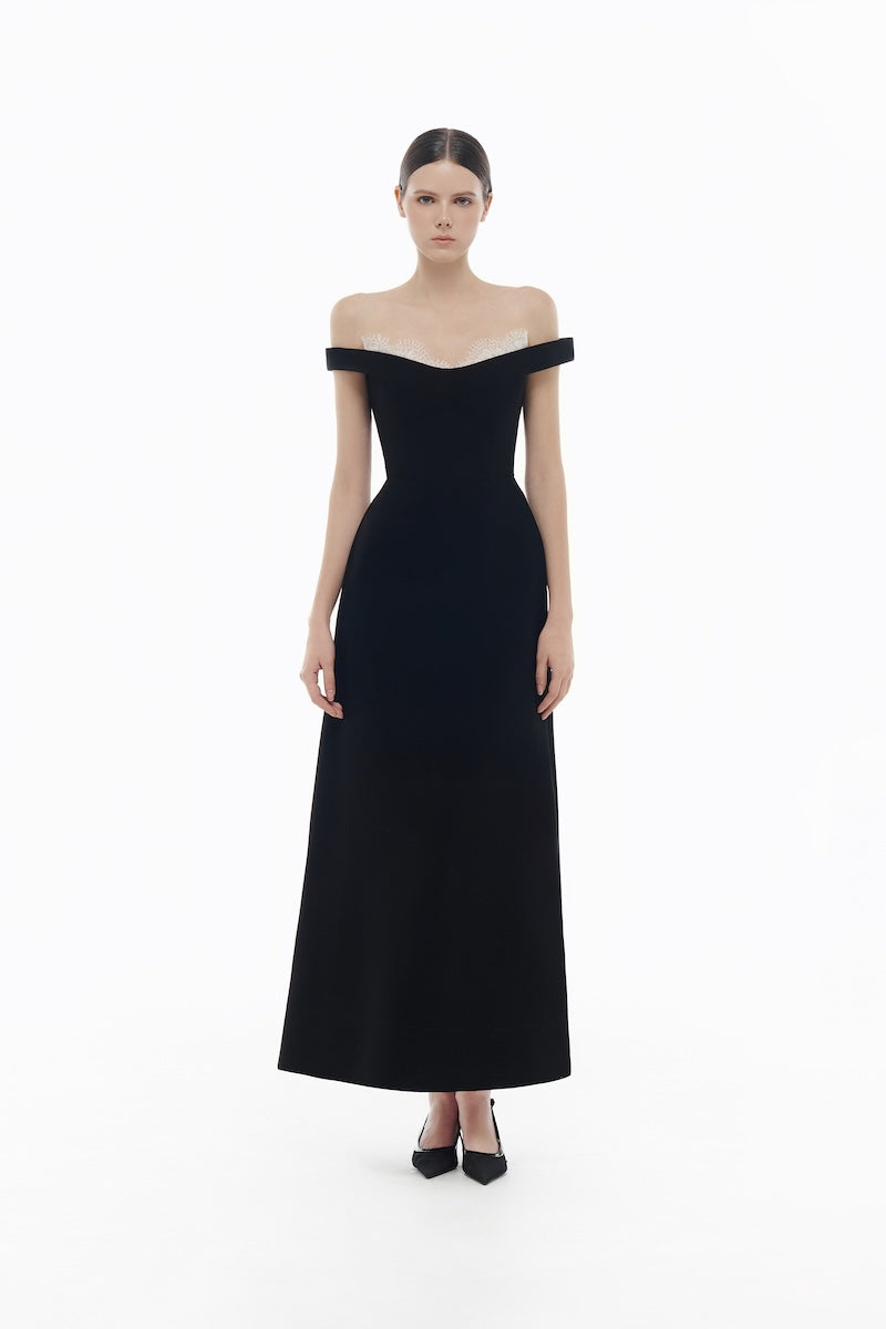 BLACK OFF SHOULDER LACE DETAIL MIDI DRESS - CULT MIA
