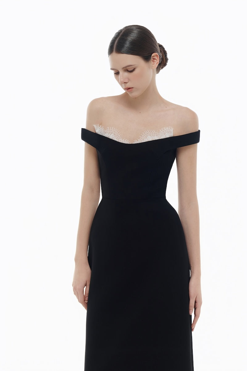 BLACK OFF SHOULDER LACE DETAIL MIDI DRESS | CULT MIA | Montsand BLACK OFF SHOULDER LACE DETAIL MIDI DRESS | CULT MIA | Montsand