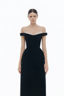 Black off-shoulder lace detail gown by Montsand, elegant midi dress with intricate lace accents, perfect for formal occasions.