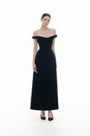 Black off-shoulder gown with lace detail, elegant midi dress by Montsand, showcasing a fitted silhouette and delicate lace accents.