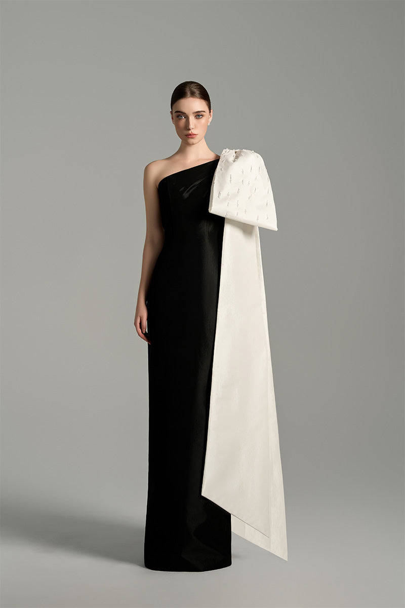 one shoulder column dress Beaded One Shoulder Stretch Column Gown In Waterfall
