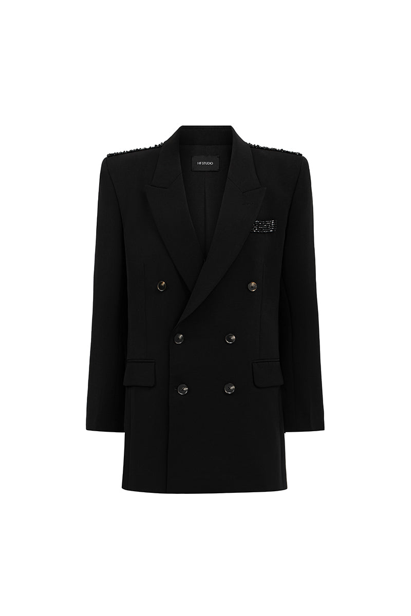 Black oversized double-breasted blazer by I.H.F Studio featuring crystal-embellished pocket flaps.