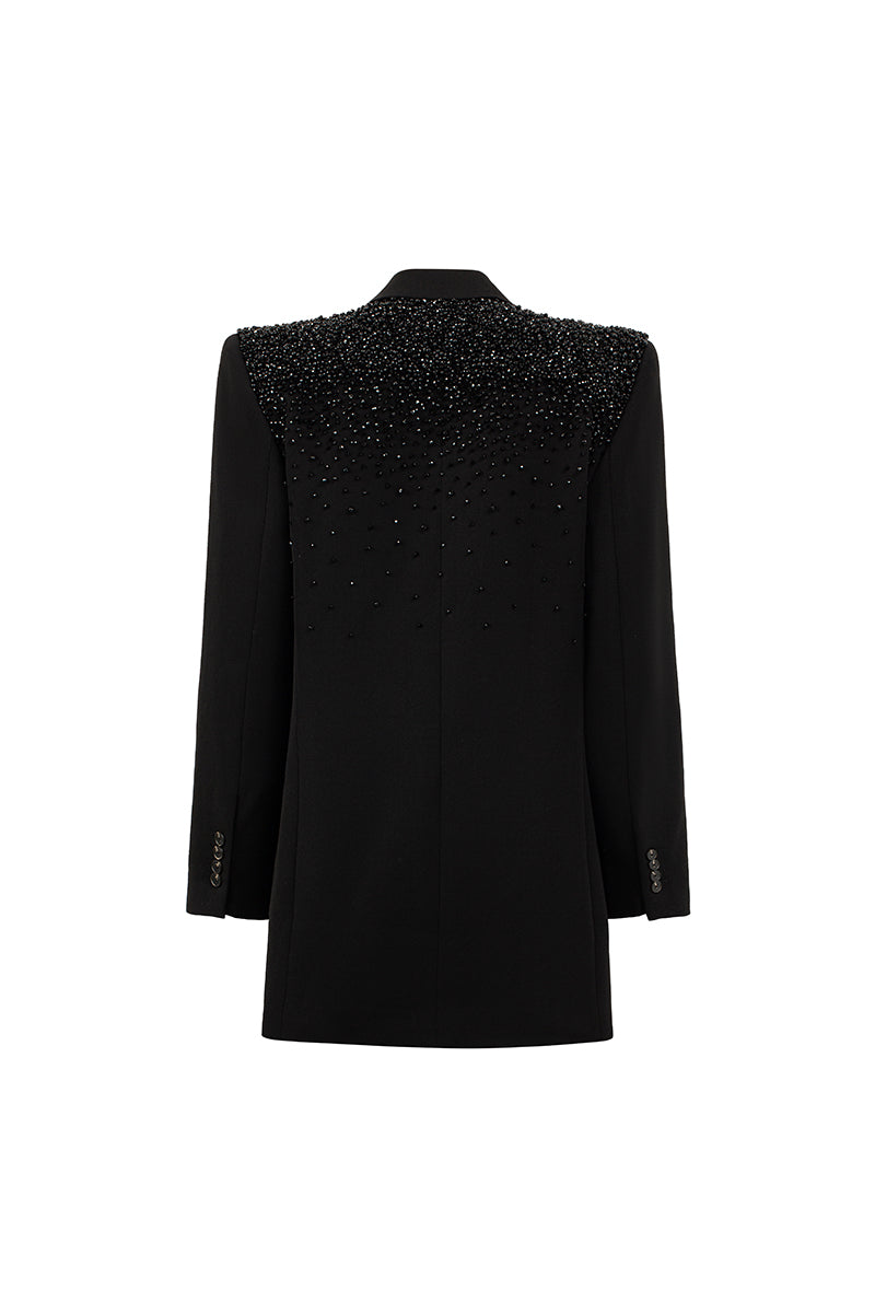 Black oversized double-breasted blazer by I.H.F Studio with crystal-embellished pocket flaps, stylish and modern fashion piece.