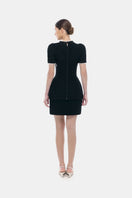 Black short sleeve tweed blazer by Montsand, shown with a matching black tweed skirt, tailored and stylish for sophisticated looks.