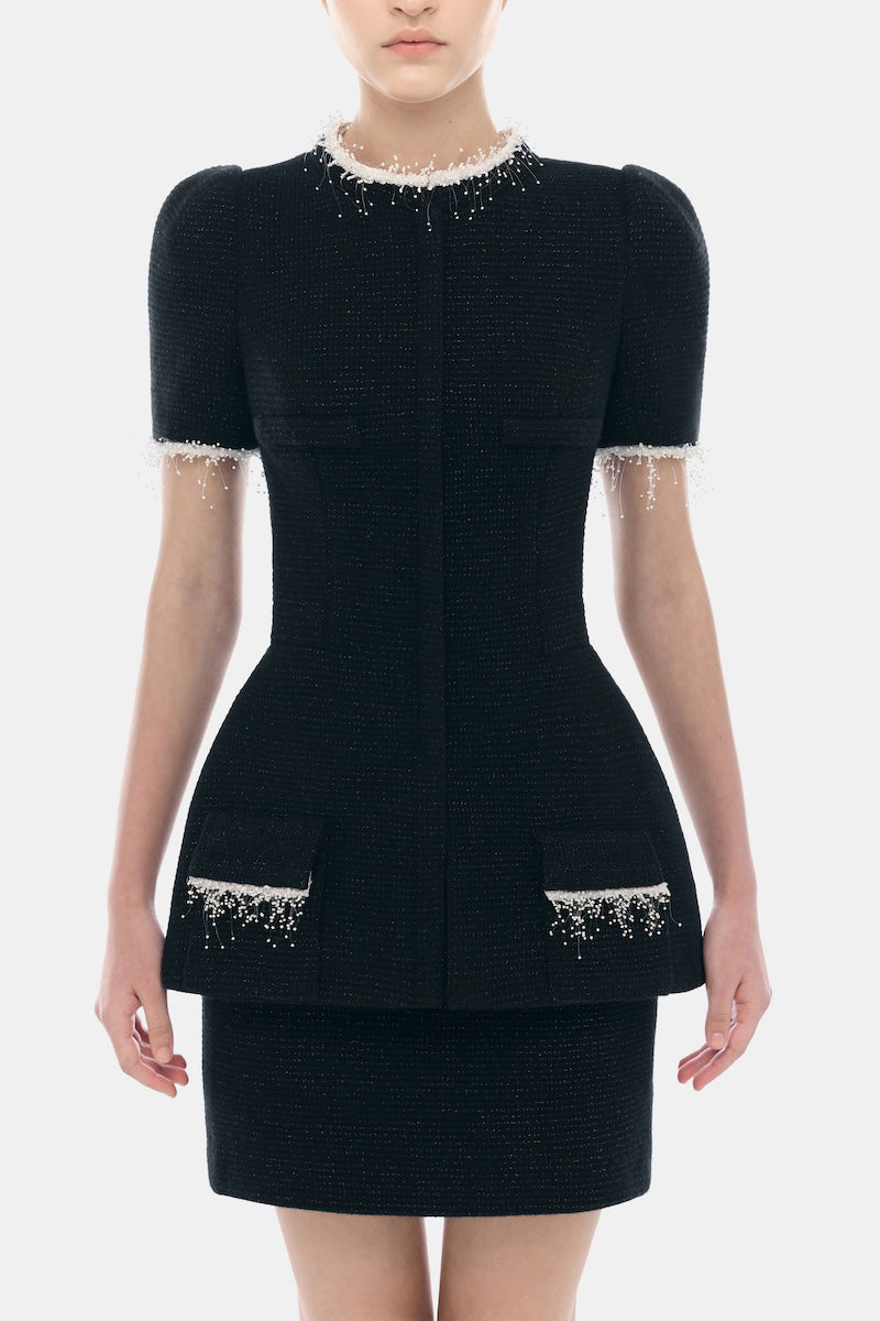 Black short sleeve tweed blazer by Montsand, stylish tailored top with classic black tweed fabric and structured fit.